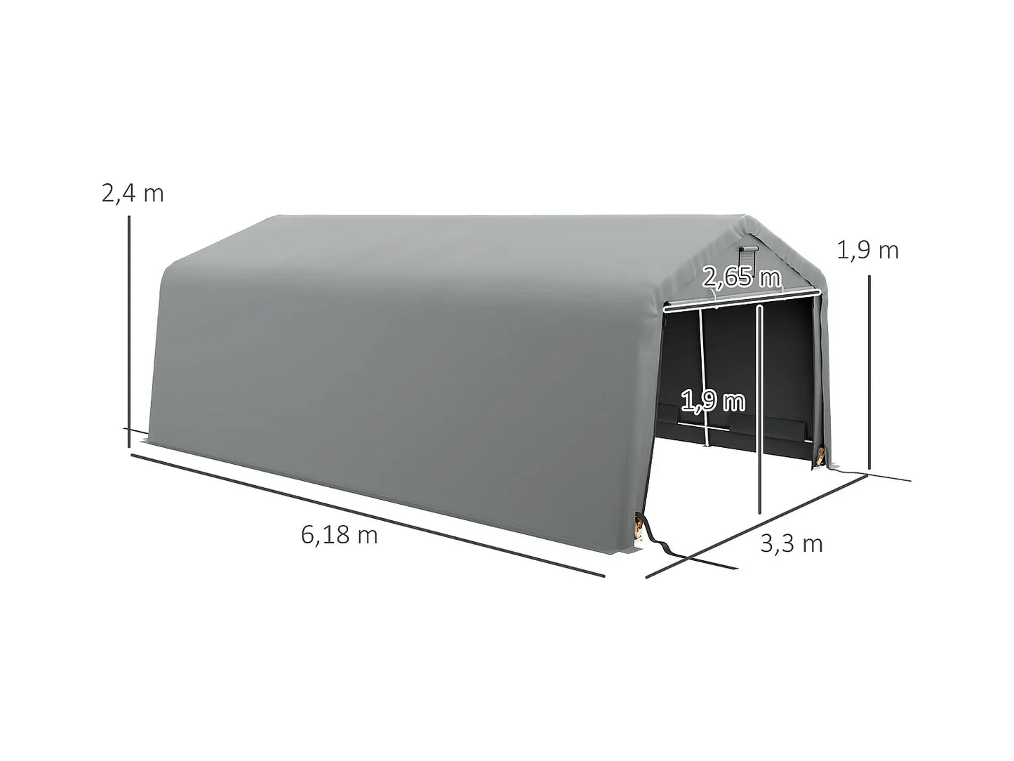 Tente de garage carport 6 x 3,3 x 2,4 m en acier galvanisé - Robuste, PE haute densité 150 g/m², imperméable et anti-UV - Gris