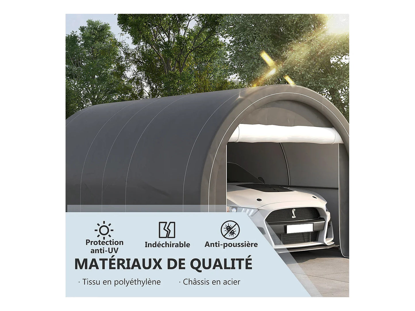 Tente de garage carport 5 x 3 x 2,4 m - Acier galvanisé robuste, PE haute densité 190 g/m², imperméable et anti-UV, gris