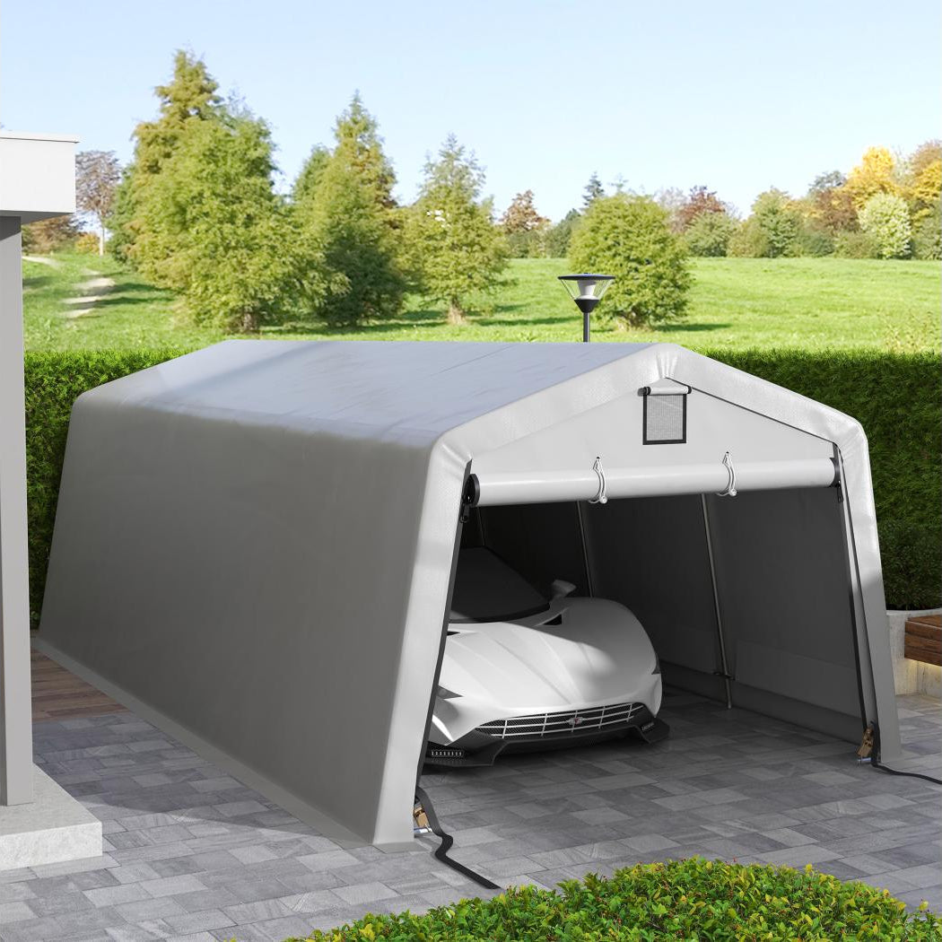Tente garage carport robuste en acier galvanisé - 6L x 3,3l x 2,4H m - PE haute densité 150 g/m² - Imperméable et anti-UV - Gris
