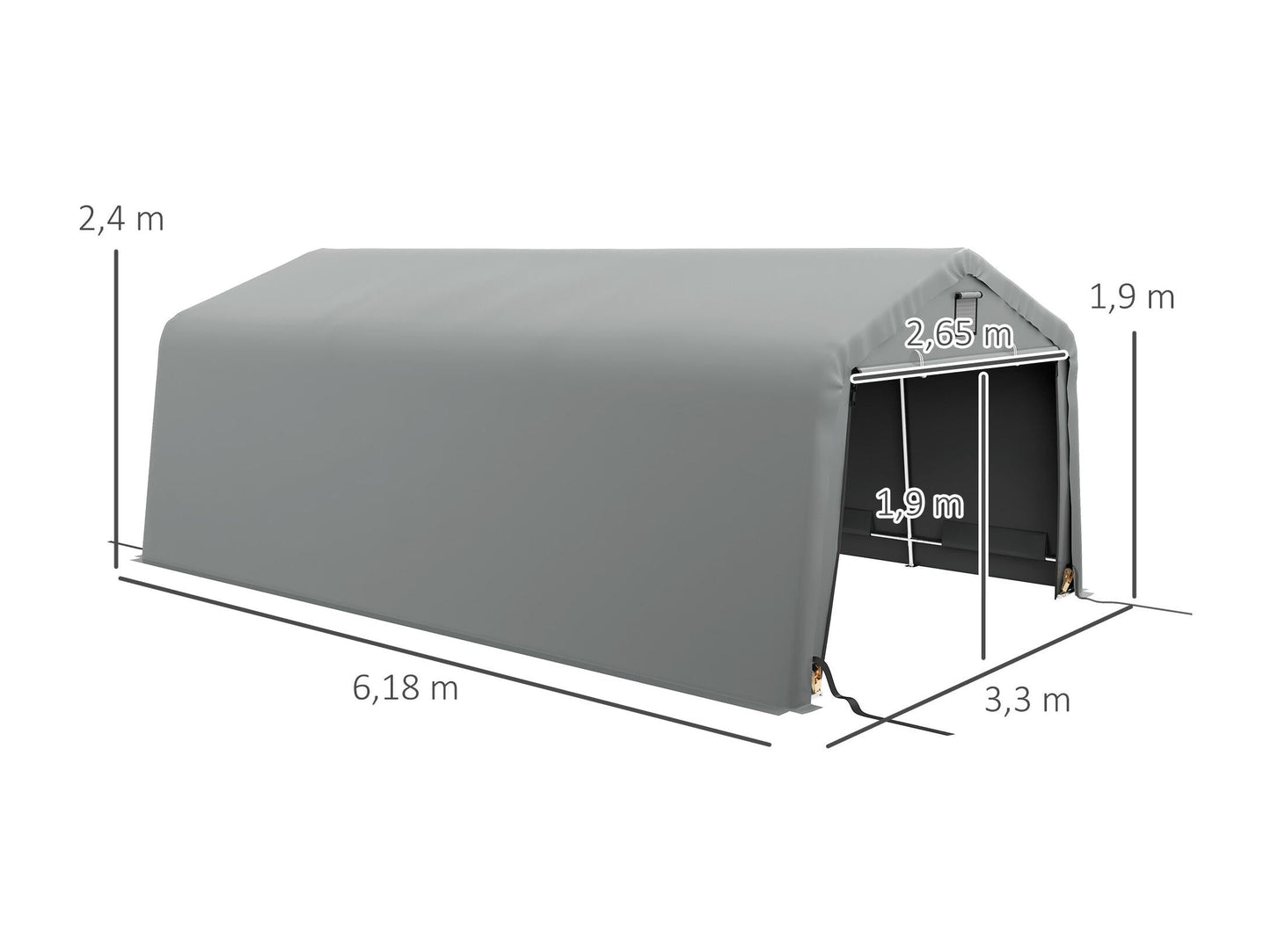 Tente garage carport robuste en acier galvanisé - 6L x 3,3l x 2,4H m - PE haute densité 150 g/m² - Imperméable et anti-UV - Gris