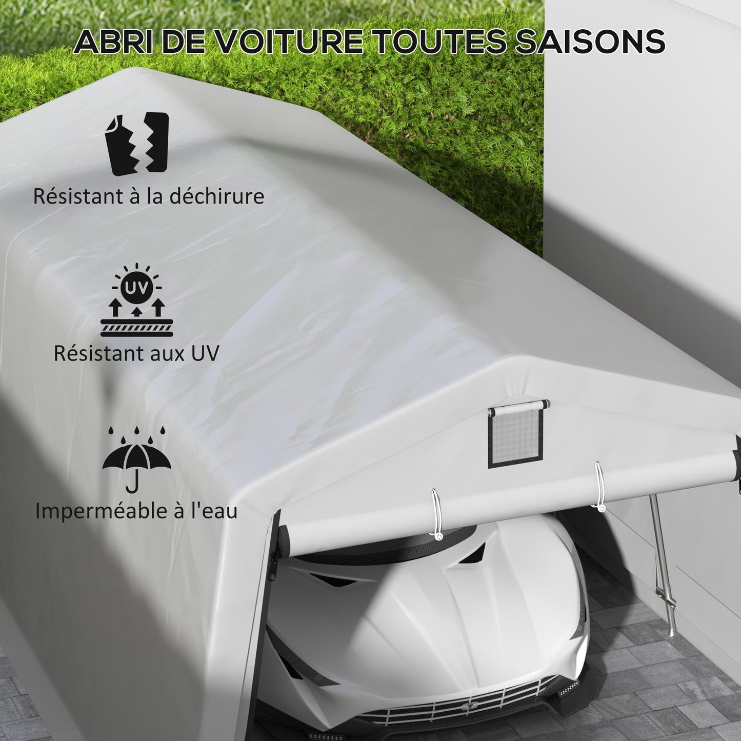 Tente garage carport robuste en acier galvanisé - 6L x 3,3l x 2,4H m - PE haute densité 150 g/m² - Imperméable et anti-UV - Gris