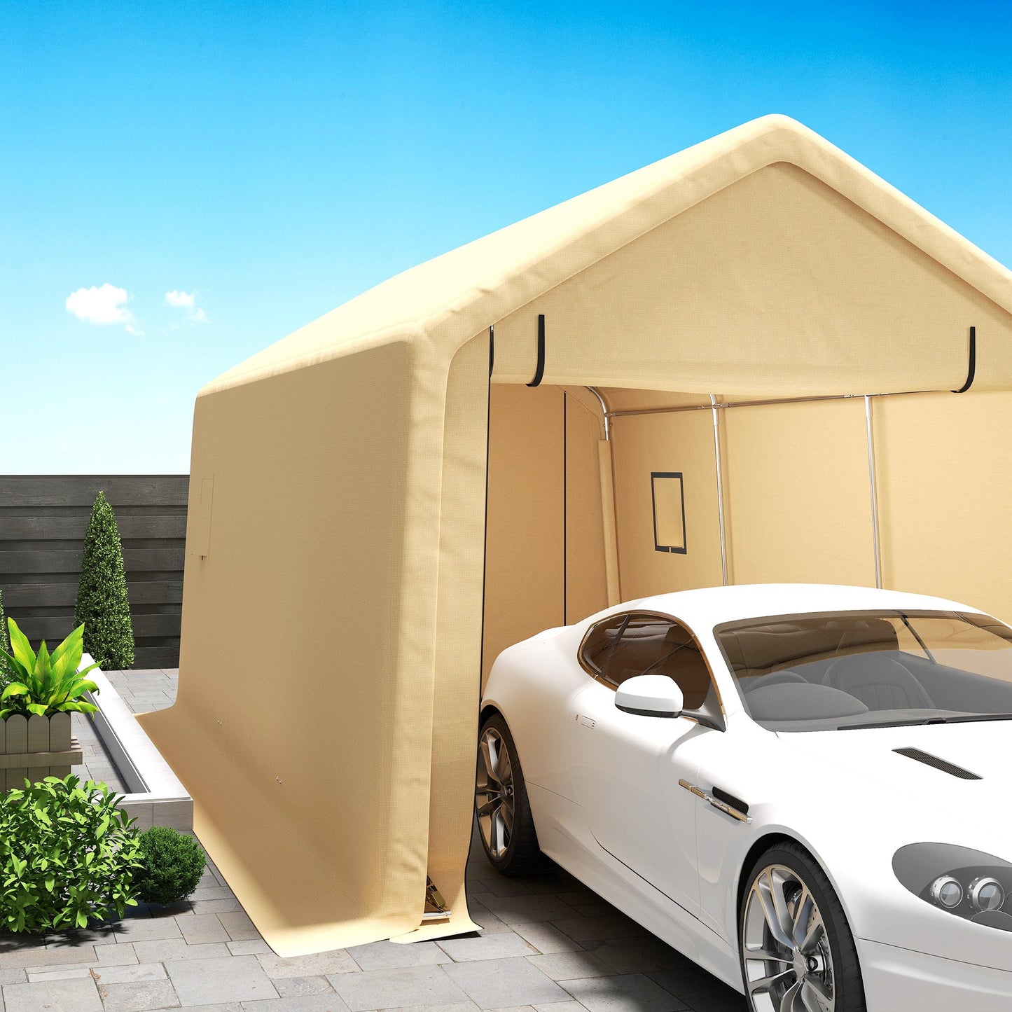 Tente de garage Outsunny 3 x 5,2 m – Abri voiture extérieur avec porte enroulable amovible jaune