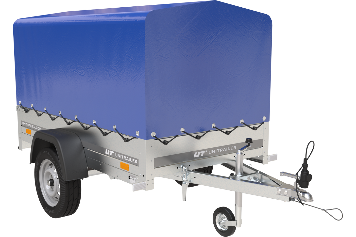 Remorque bagagère garden trailer 200 kipp 200 x 106 cm avec bâche haute bleue, arceau et roue jockey – Neuf – Prix Destockage