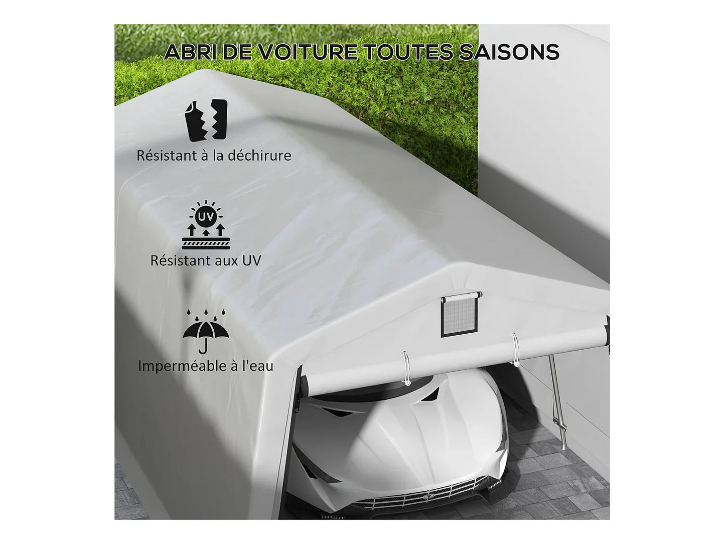 Tente de garage carport 6 x 3,3 x 2,4 m en acier galvanisé - Robuste, PE haute densité 150 g/m², imperméable et anti-UV - Gris