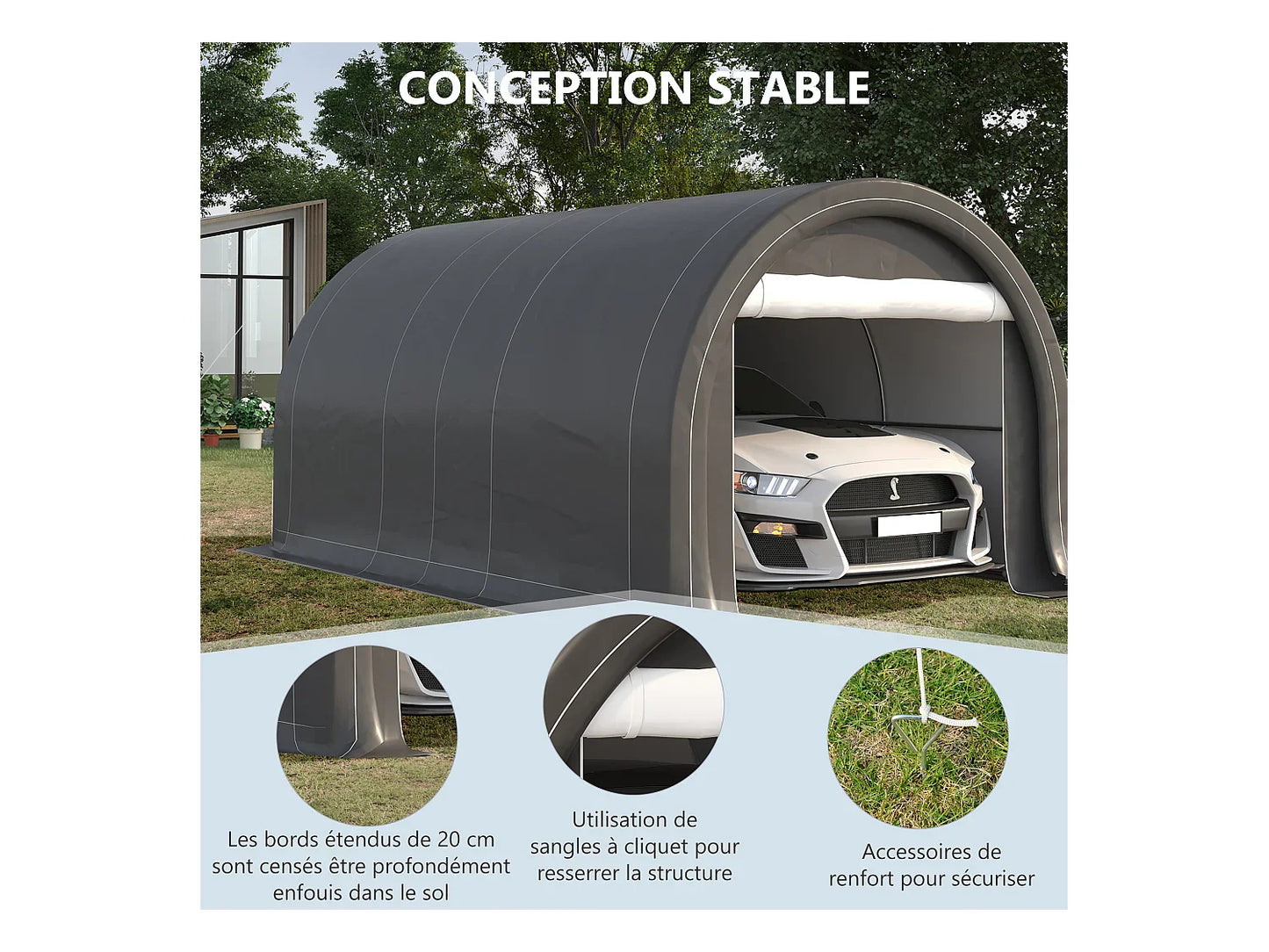 Tente de garage carport 5 x 3 x 2,4 m - Acier galvanisé robuste, PE haute densité 190 g/m², imperméable et anti-UV, gris