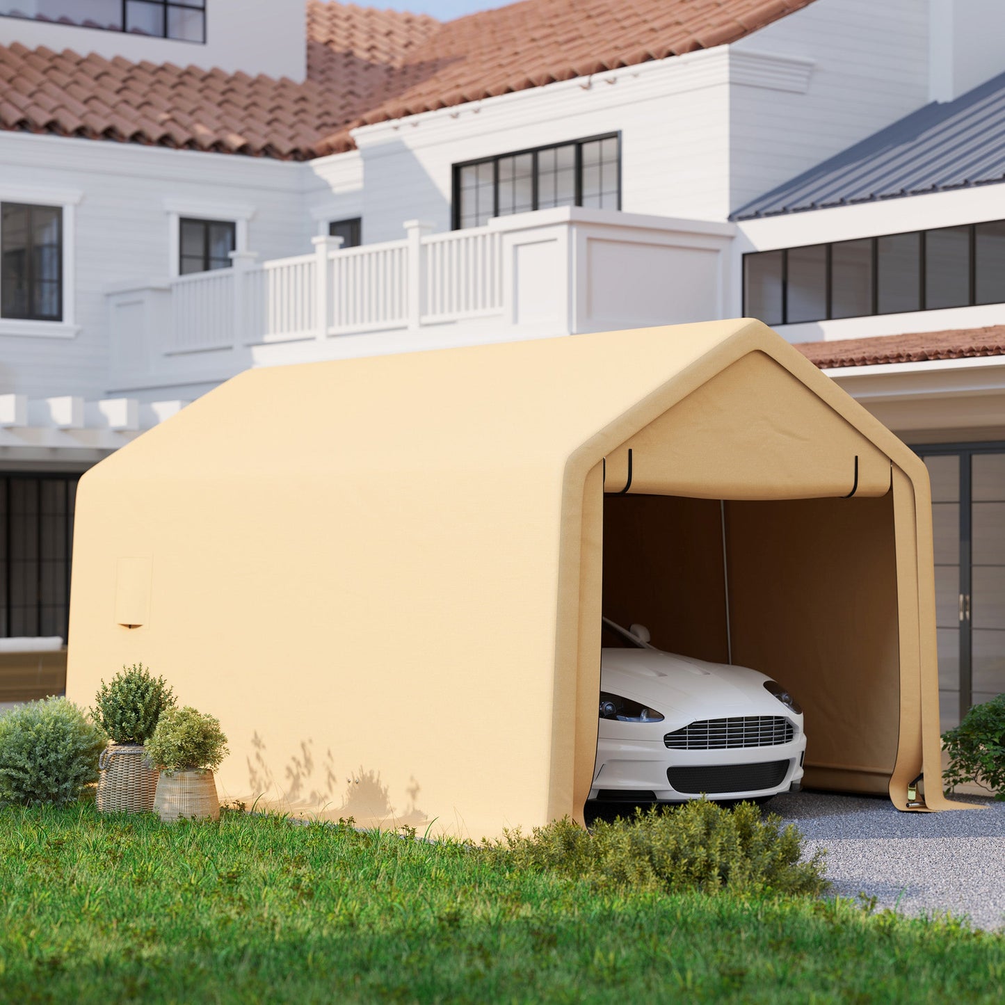 Tente de garage Outsunny 3 x 5,2 m – Abri voiture extérieur avec porte enroulable amovible jaune